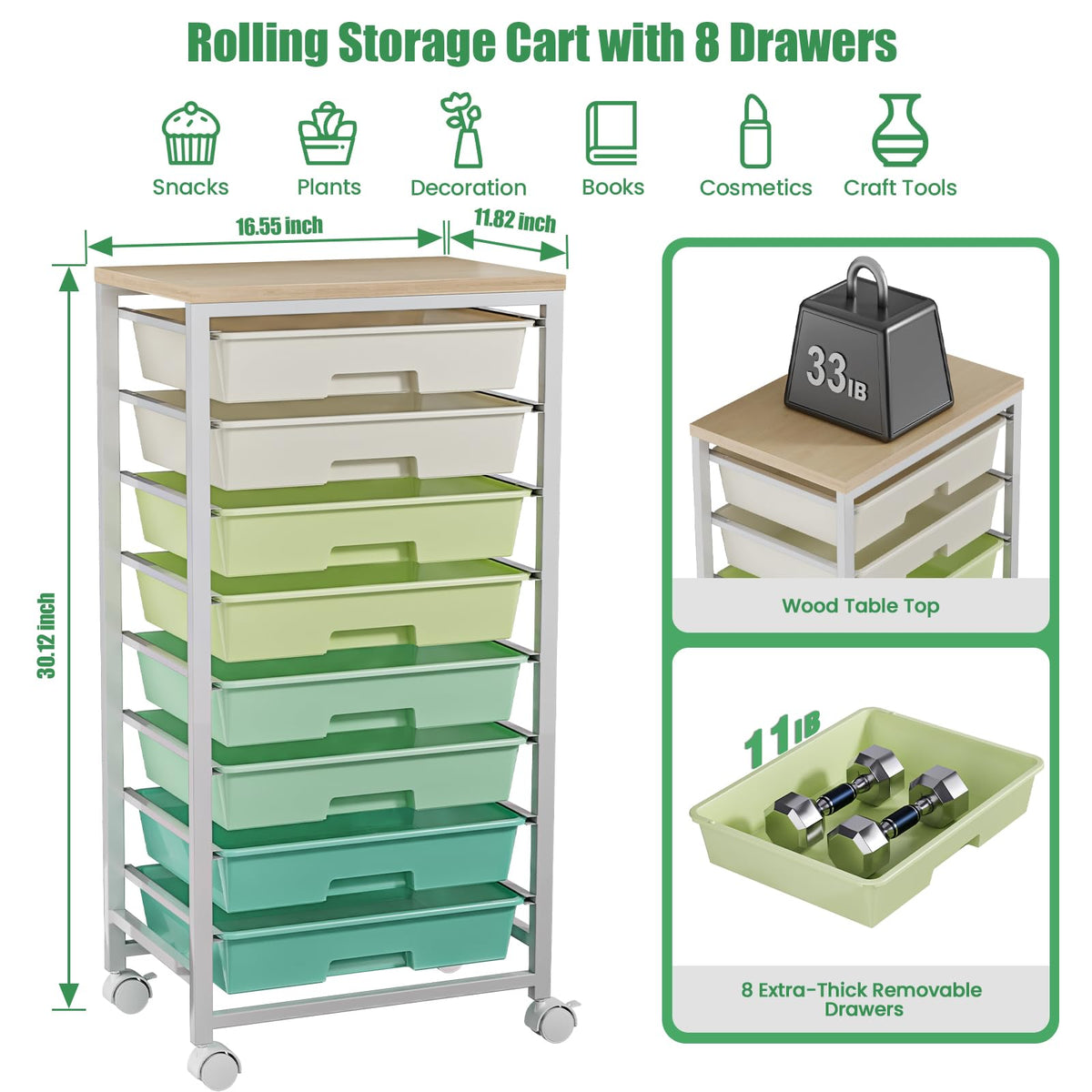 Rolling Storage Cart with 8 Drawers & Wooden Tabletop, Green, White Q4990