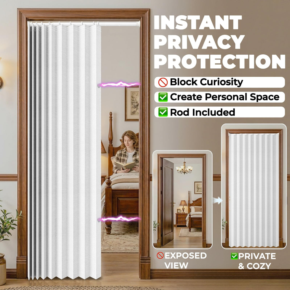 Blackout Magnetic Door Curtain with Curtain Rods 42 W x 78 L White N306927