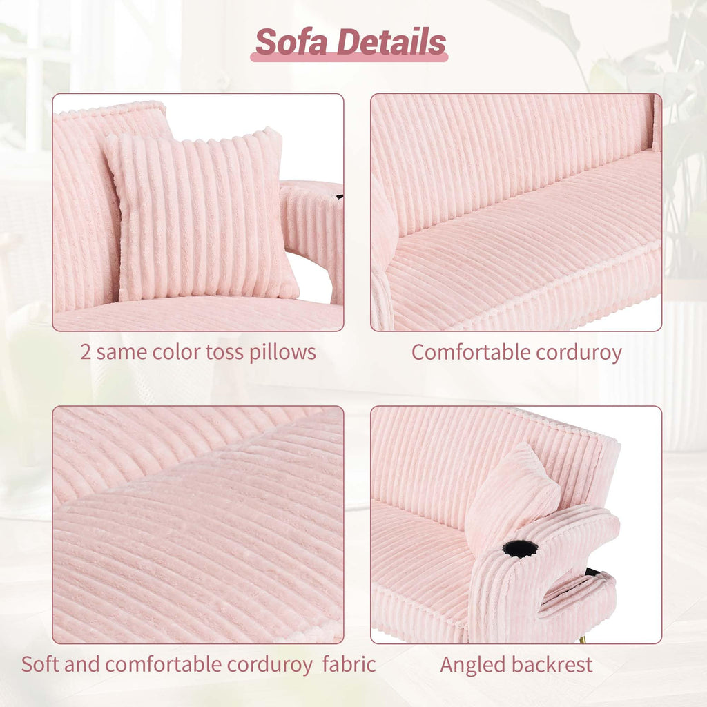 74" Pink Corduroy Convertible Sofa Bed with Cup Holder W29280
