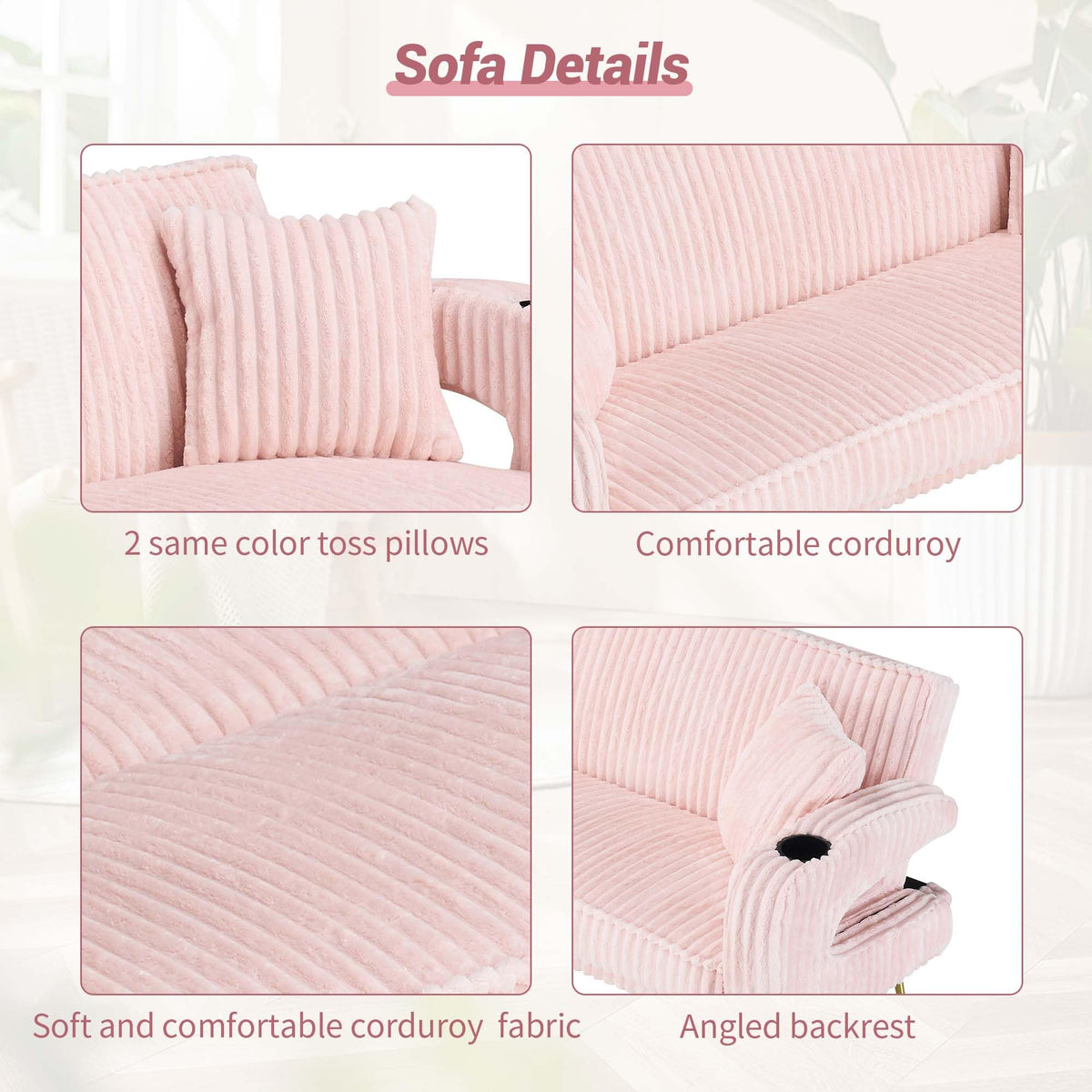 74" Pink Corduroy Convertible Sofa Bed with Cup Holder W29280