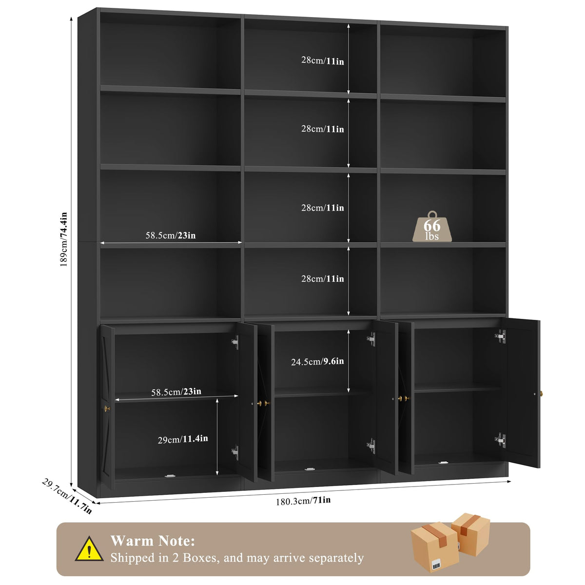 75" Tall Black Bookshelf with 6 Doors A812088