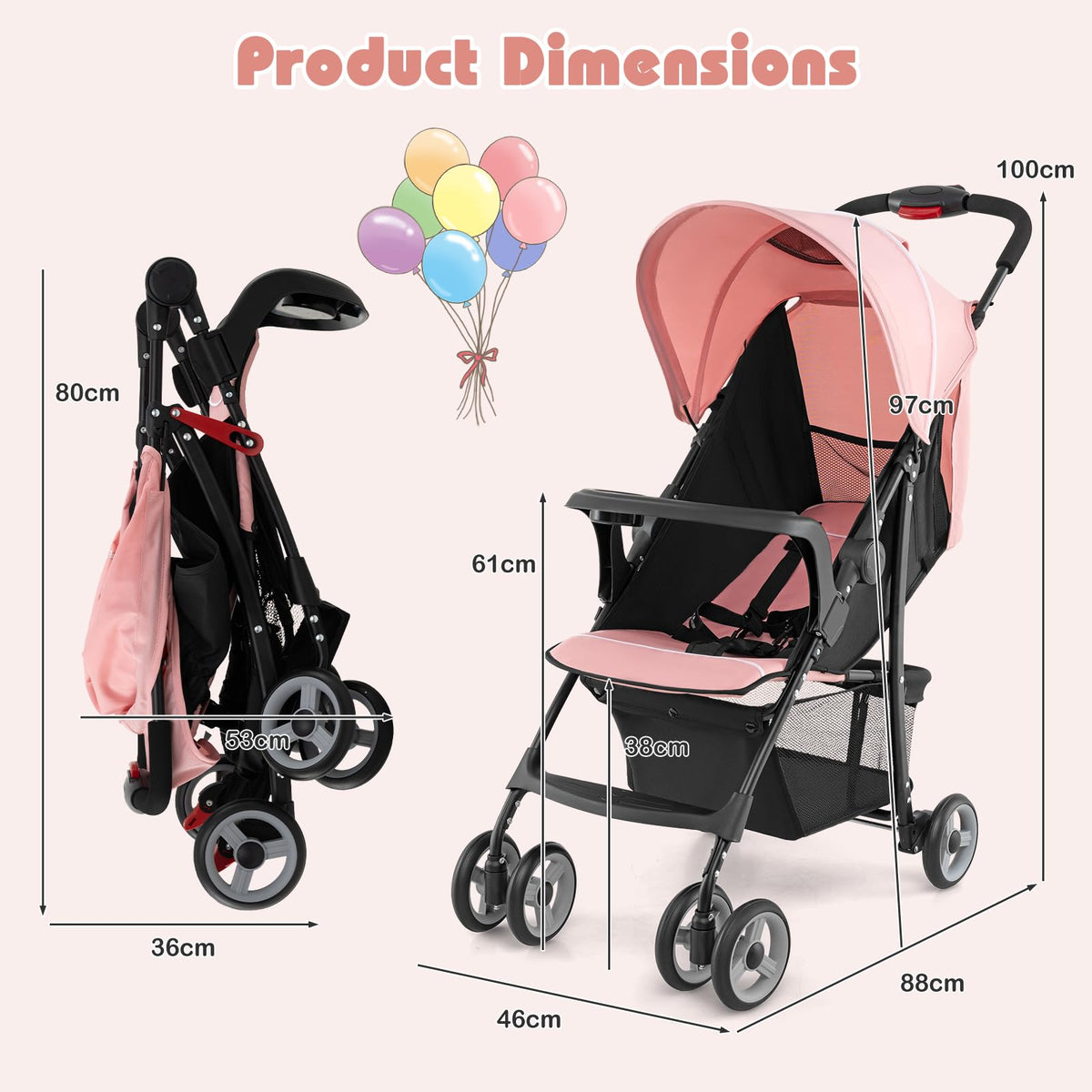 Lightweight Compact Fold Stroller with Canopy & Storage Basket, Pink W45946