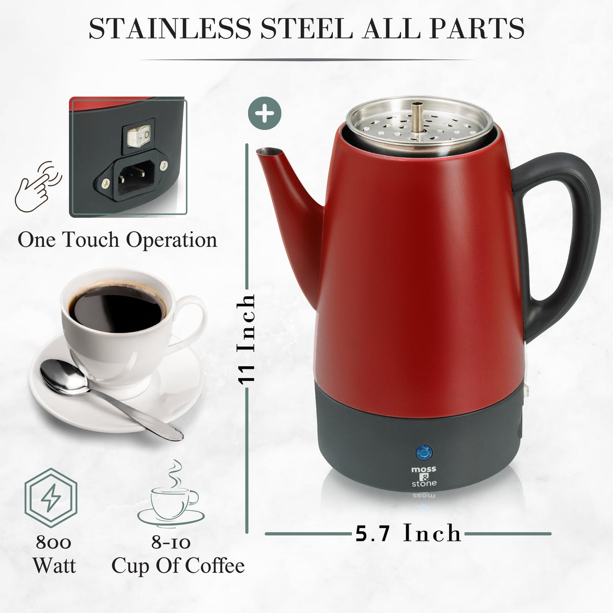 Red 10 Cups Electric Coffee Percolator with Set of 4 Glass Cups Q11879