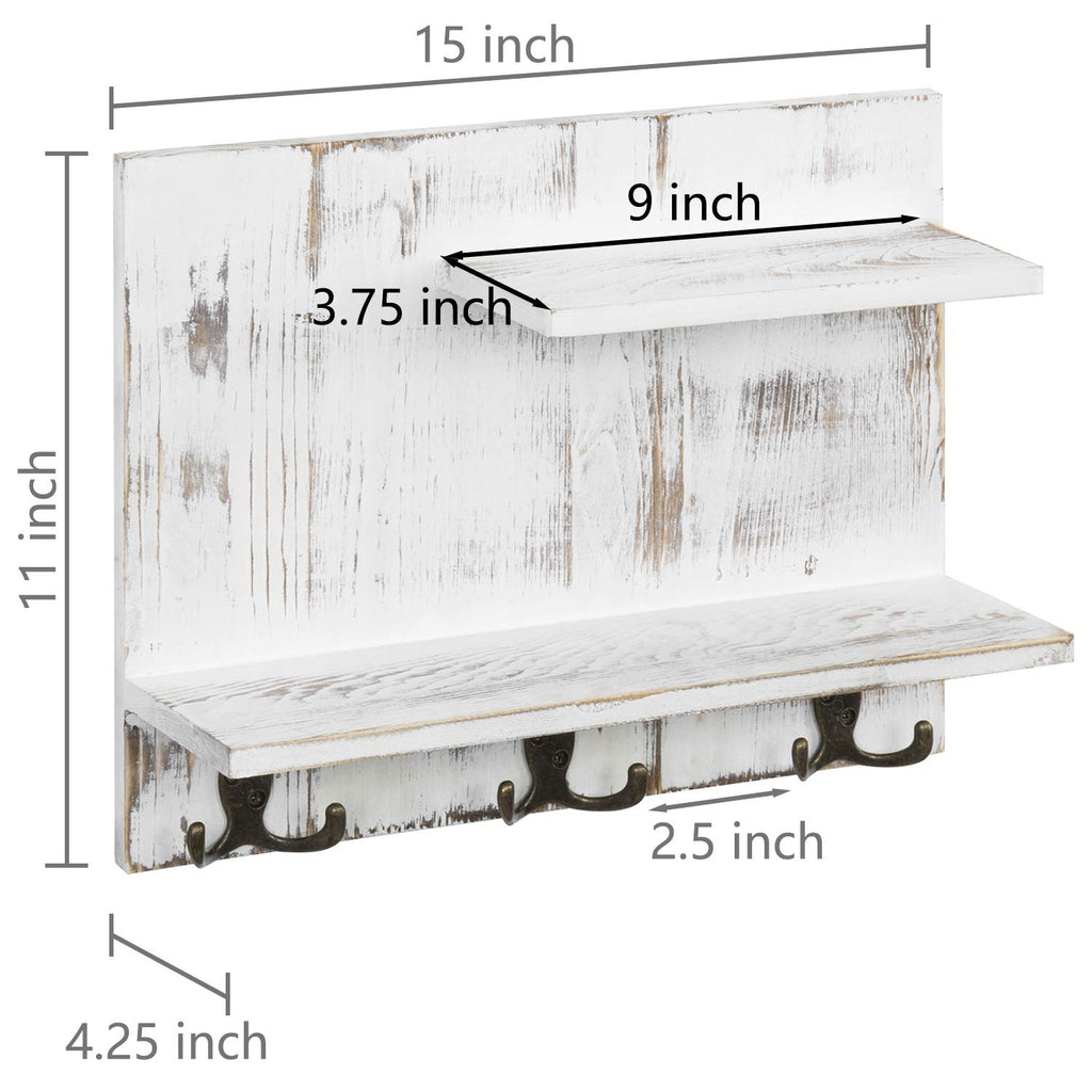 2 Tier White Washed Solid Wood Bathroom Storage Shelves with 6 Hooks X731694