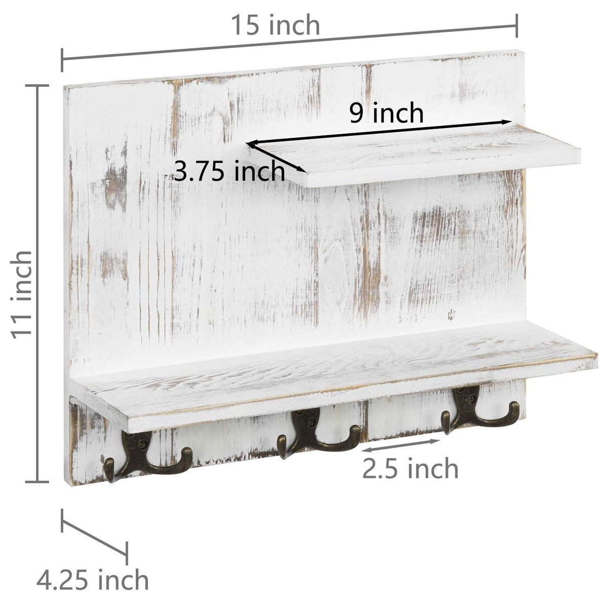 2 Tier White Washed Solid Wood Bathroom Storage Shelves with 6 Hooks X731694