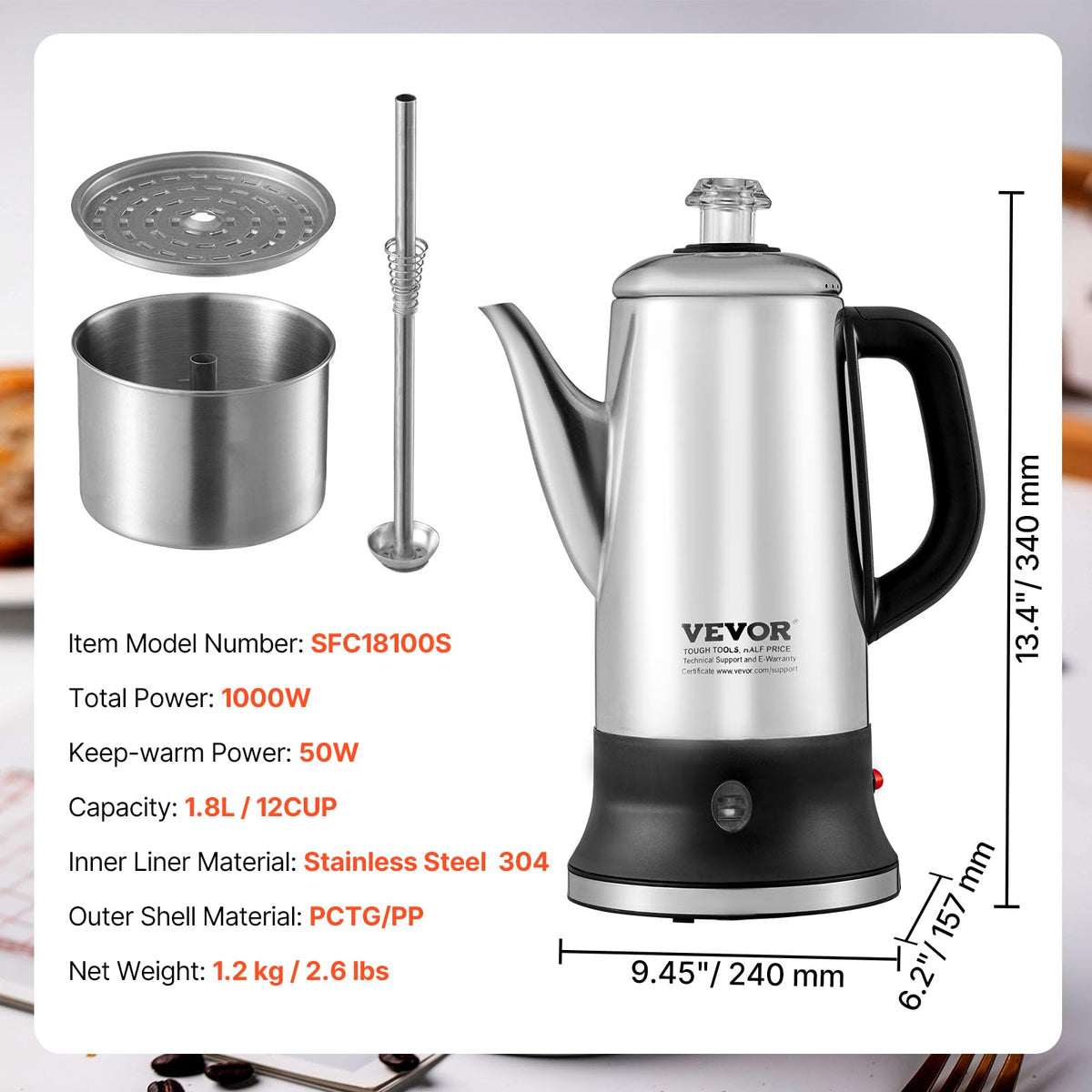 12-Cup Stainless Steel Electric Percolator Coffee Pot W887