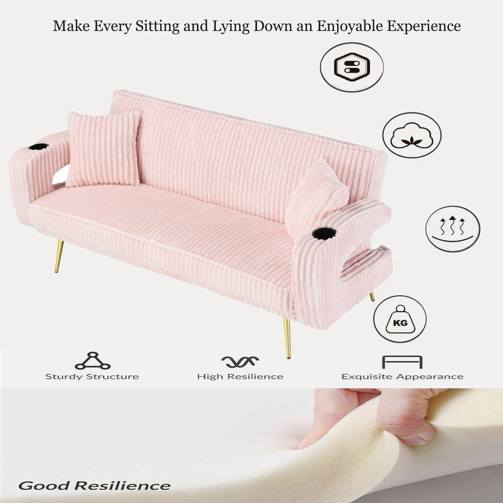 74" Pink Corduroy Convertible Sofa Bed with Cup Holder W29280
