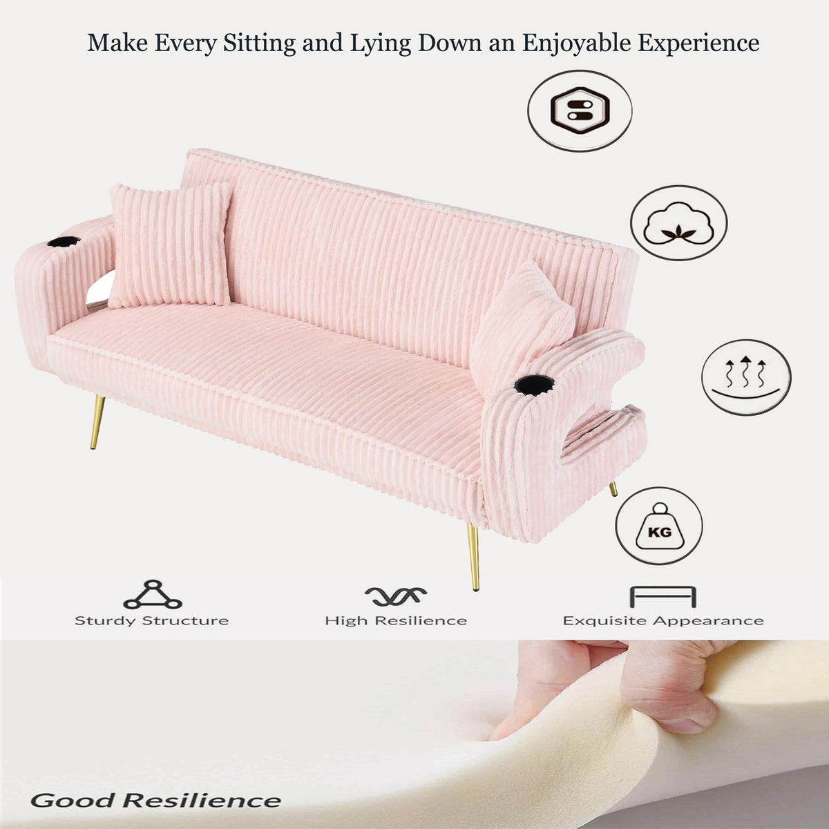 74" Pink Corduroy Convertible Sofa Bed with Cup Holder W29280