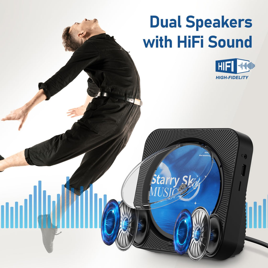 Portable Bluetooth CD Player with Speakers, Remote Control, LED Display, FM Radio, USB/AUX (Black) T96552