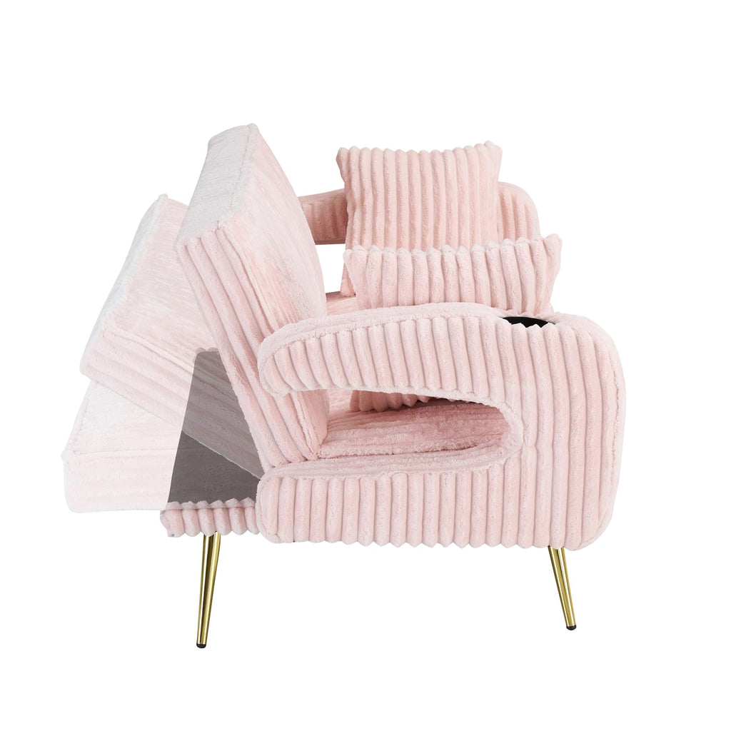 74" Pink Corduroy Convertible Sofa Bed with Cup Holder W29280