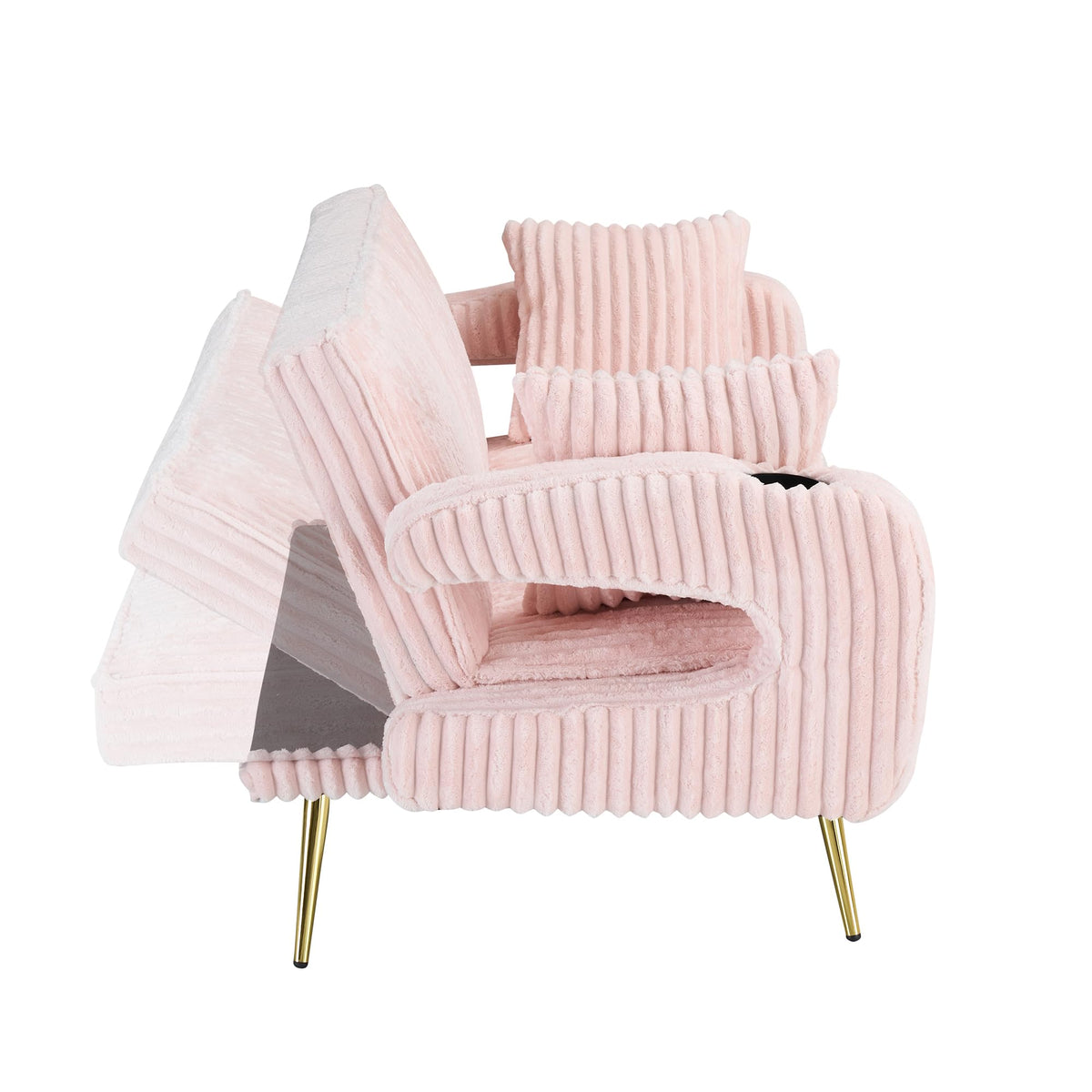 74" Pink Corduroy Convertible Sofa Bed with Cup Holder W29280