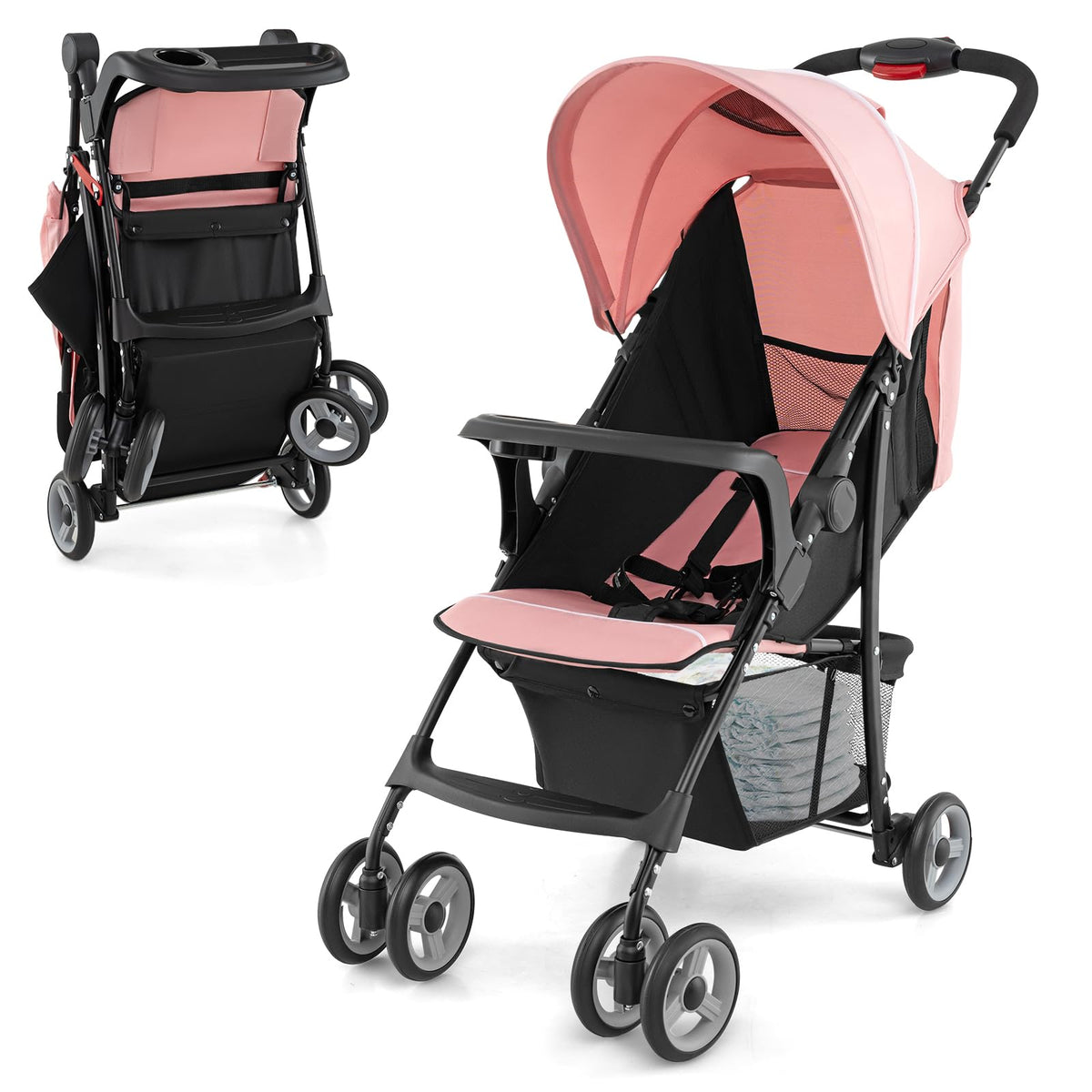 Lightweight Compact Fold Stroller with Canopy & Storage Basket, Pink W45946