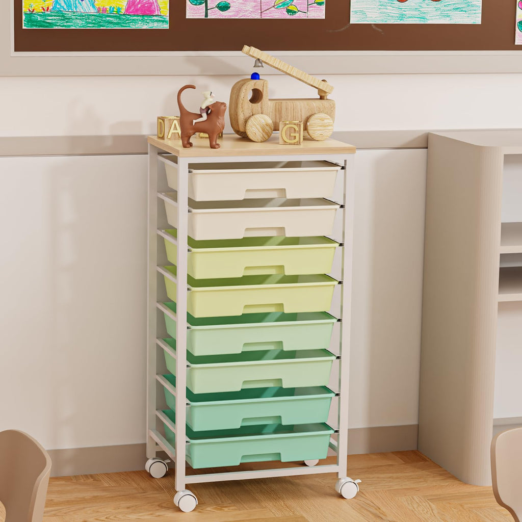 Rolling Storage Cart with 8 Drawers & Wooden Tabletop, Green, White Q4990