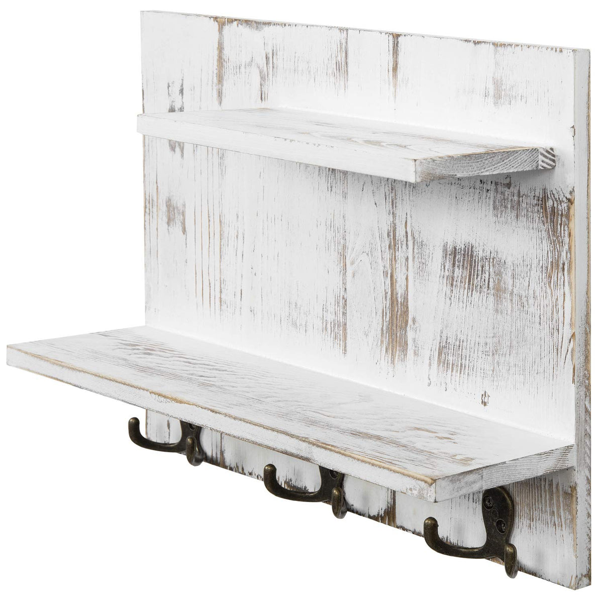 2 Tier White Washed Solid Wood Bathroom Storage Shelves with 6 Hooks X731694