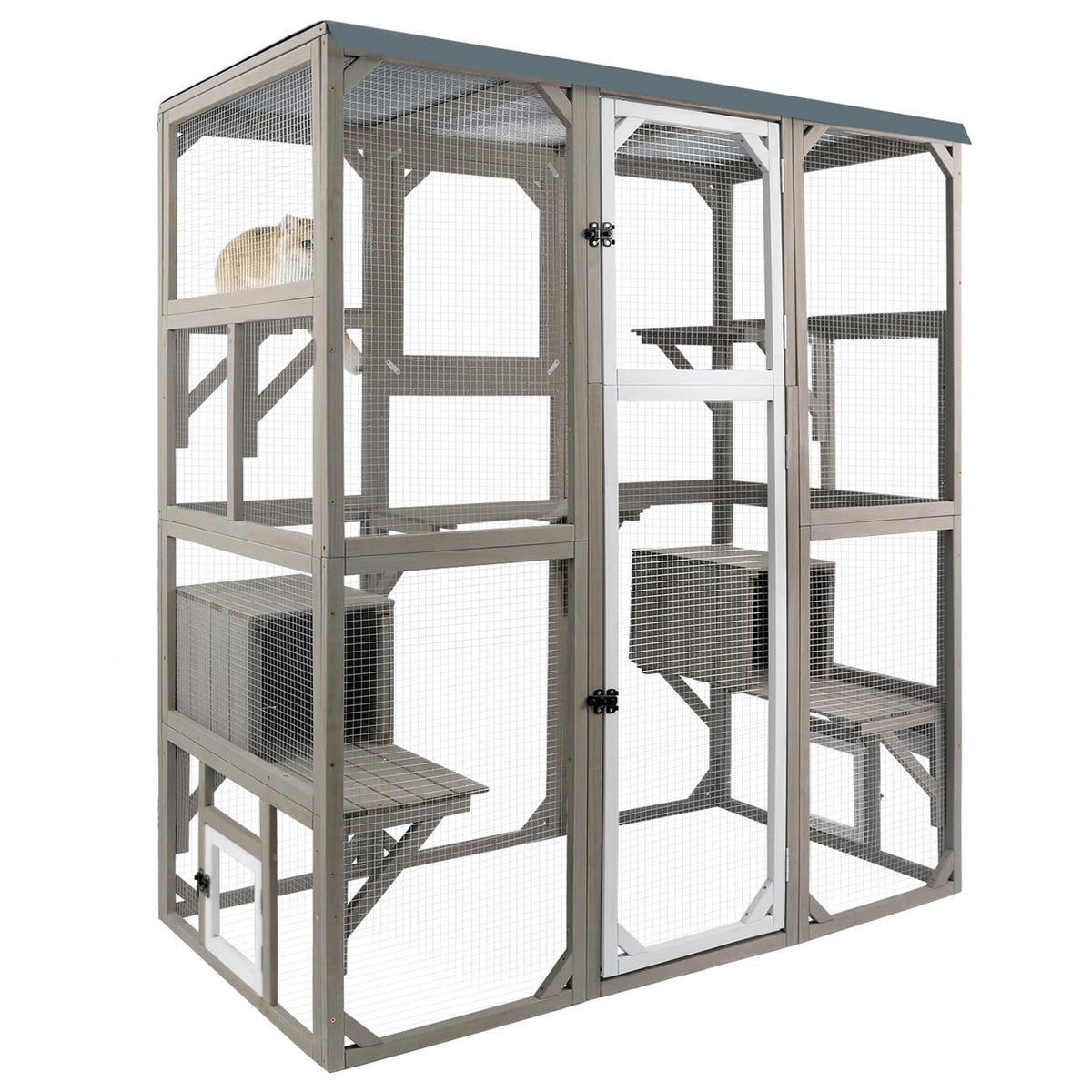 Large Wooden Outdoor Cat Catio Enclosure with 2 Doors, 2 Resting Rooms, 5 Platforms J8282