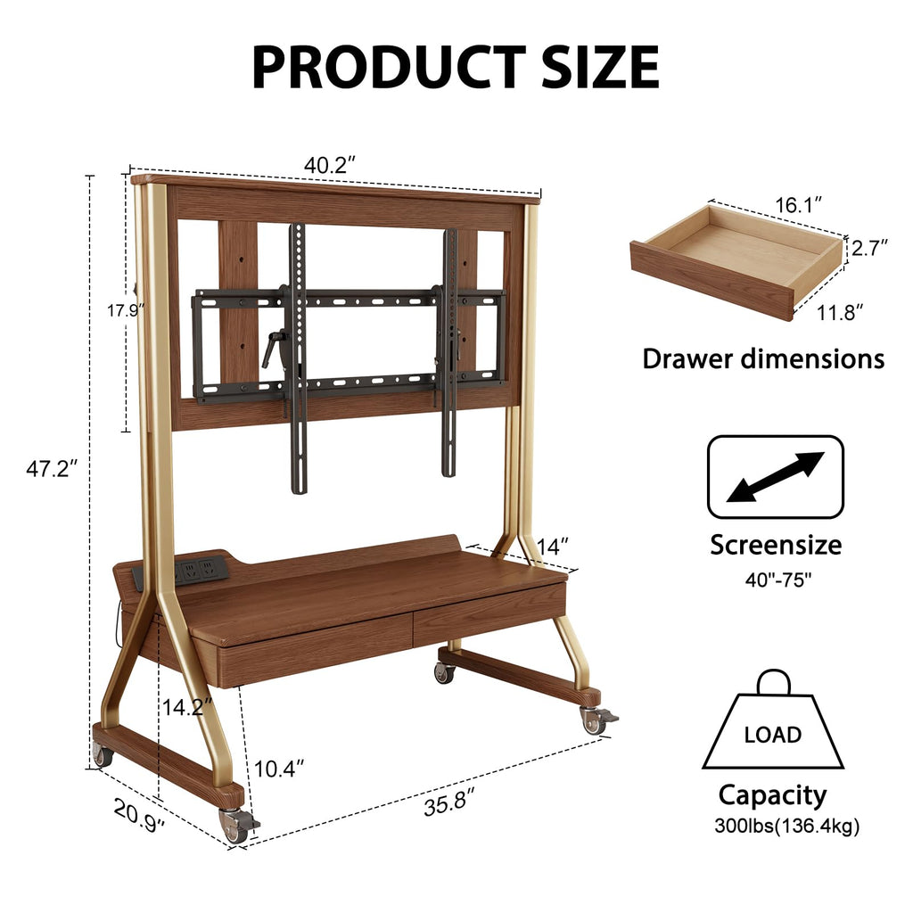 Rolling TV Stand with Wheels for 40-75" TVs, Height Adjustable, 2 Drawers L712