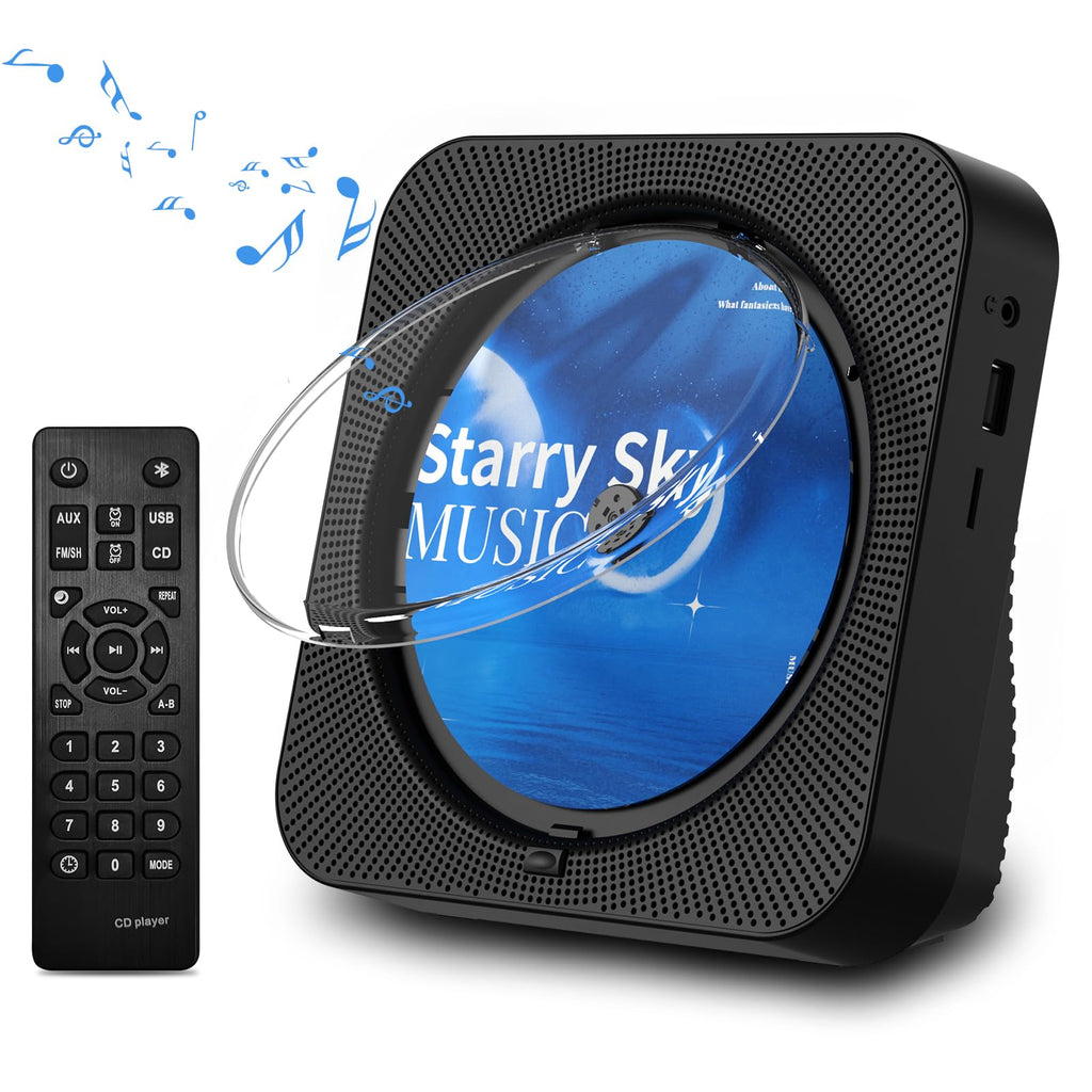 Portable Bluetooth CD Player with Speakers, Remote Control, LED Display, FM Radio, USB/AUX (Black) T96552