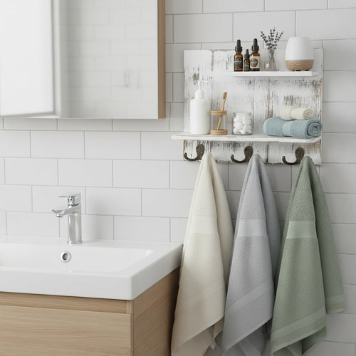 2 Tier White Washed Solid Wood Bathroom Storage Shelves with 6 Hooks X731694
