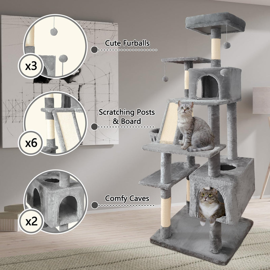 70" Light Gray Cat Tree Tower with Sisal Scratching Post Z184