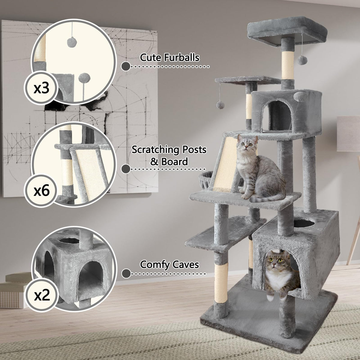 70" Light Gray Cat Tree Tower with Sisal Scratching Post Z184