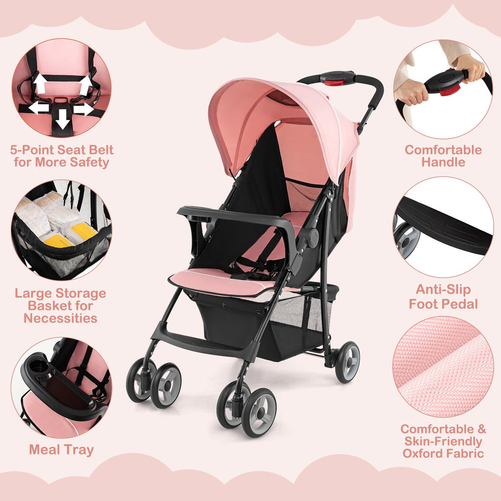 Lightweight Compact Fold Stroller with Canopy & Storage Basket, Pink W45946