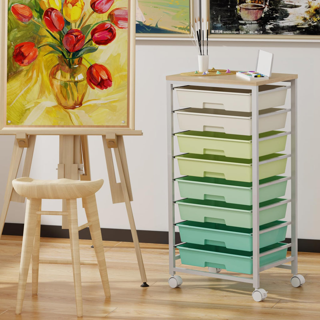 Rolling Storage Cart with 8 Drawers & Wooden Tabletop, Green, White Q4990