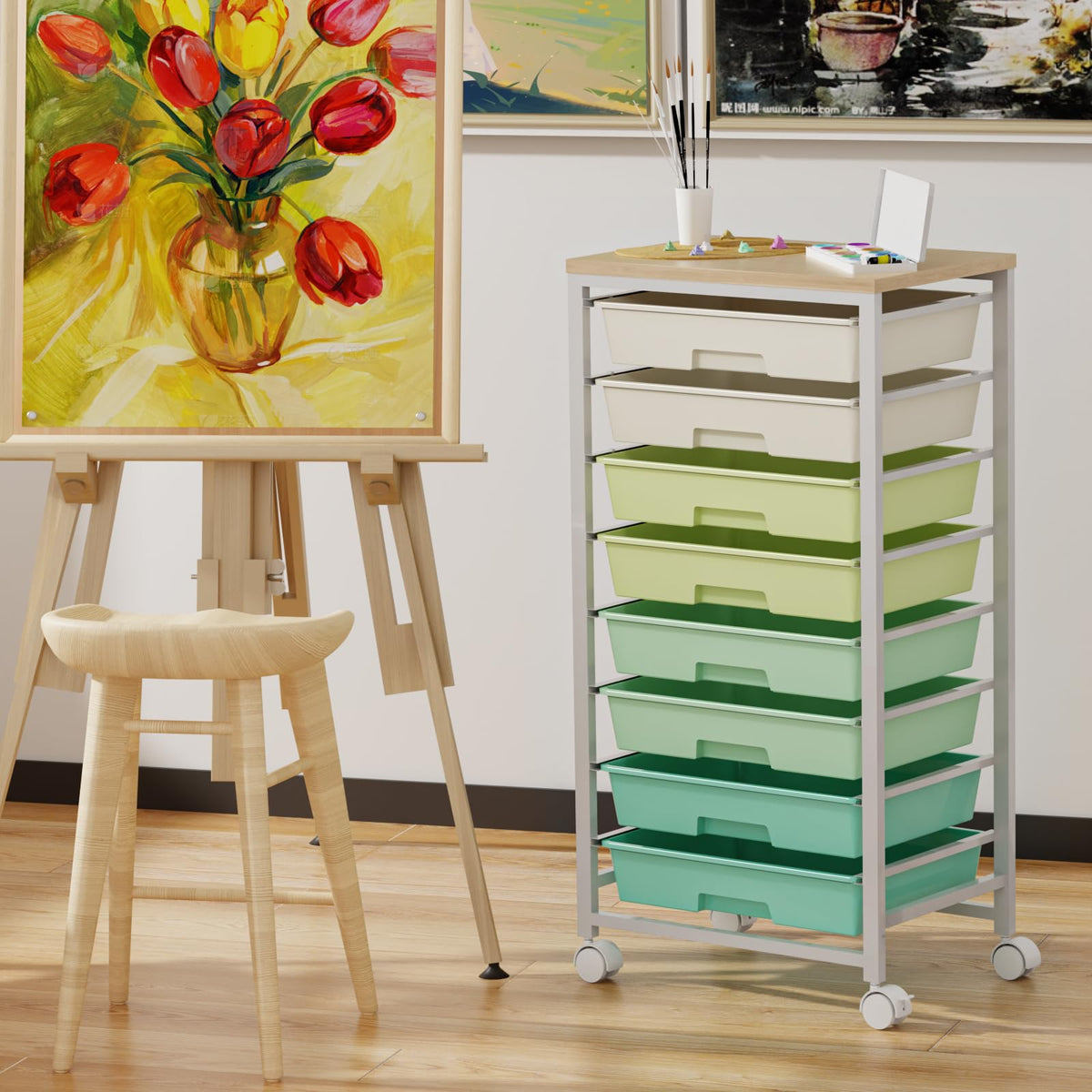 Rolling Storage Cart with 8 Drawers & Wooden Tabletop, Green, White Q4990