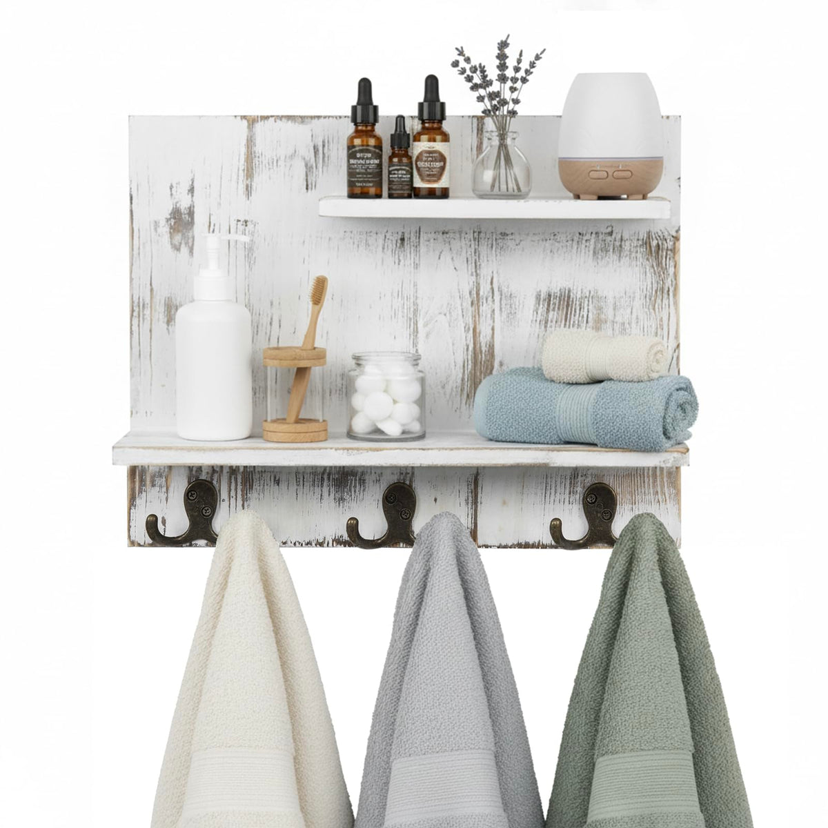 2 Tier White Washed Solid Wood Bathroom Storage Shelves with 6 Hooks X731694