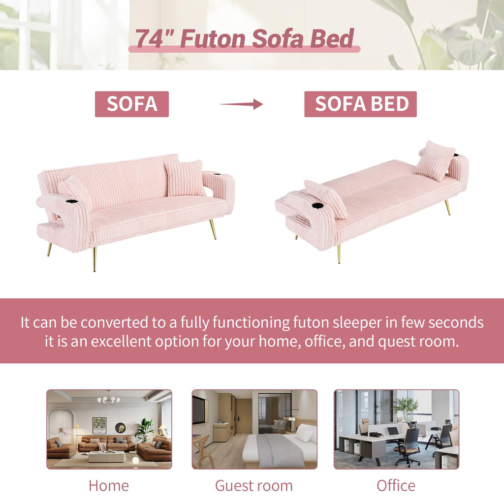 74" Pink Corduroy Convertible Sofa Bed with Cup Holder W29280