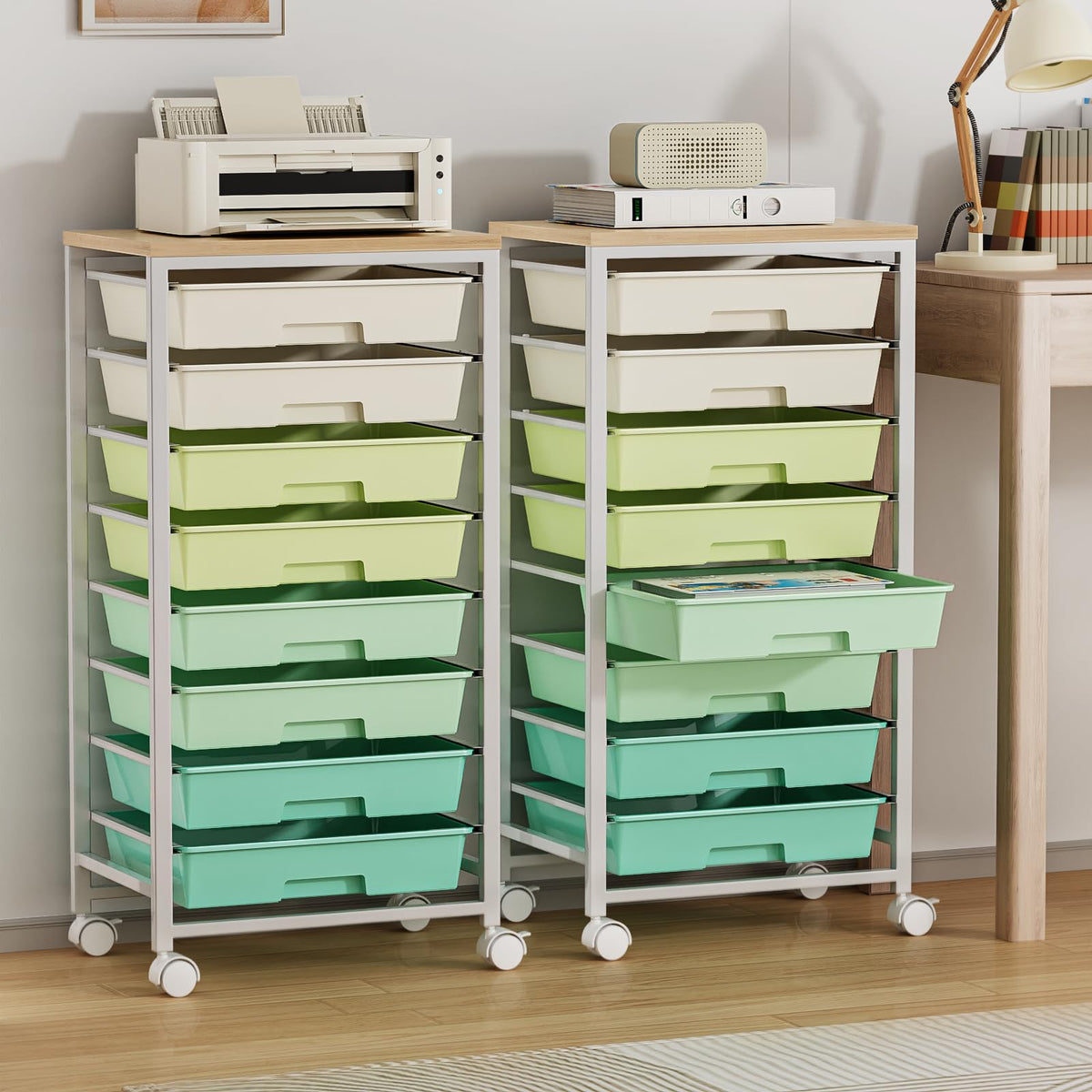 Rolling Storage Cart with 8 Drawers & Wooden Tabletop, Green, White Q4990