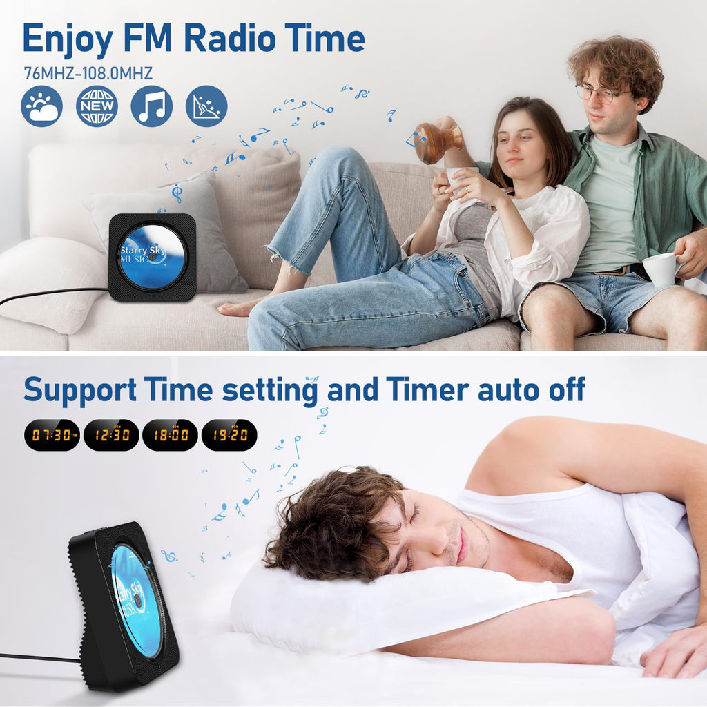 Portable Bluetooth CD Player with Speakers, Remote Control, LED Display, FM Radio, USB/AUX (Black) T96552