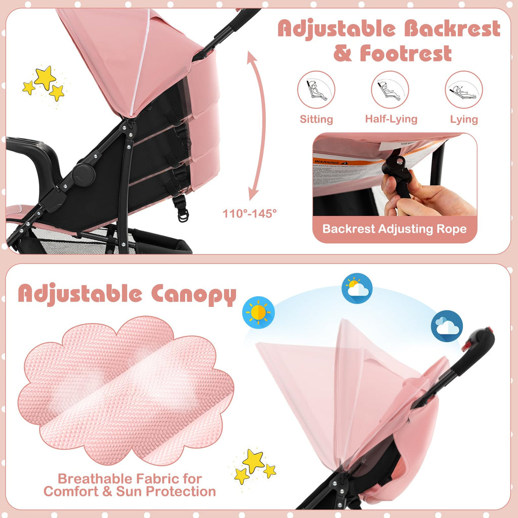 Lightweight Compact Fold Stroller with Canopy & Storage Basket, Pink W45946