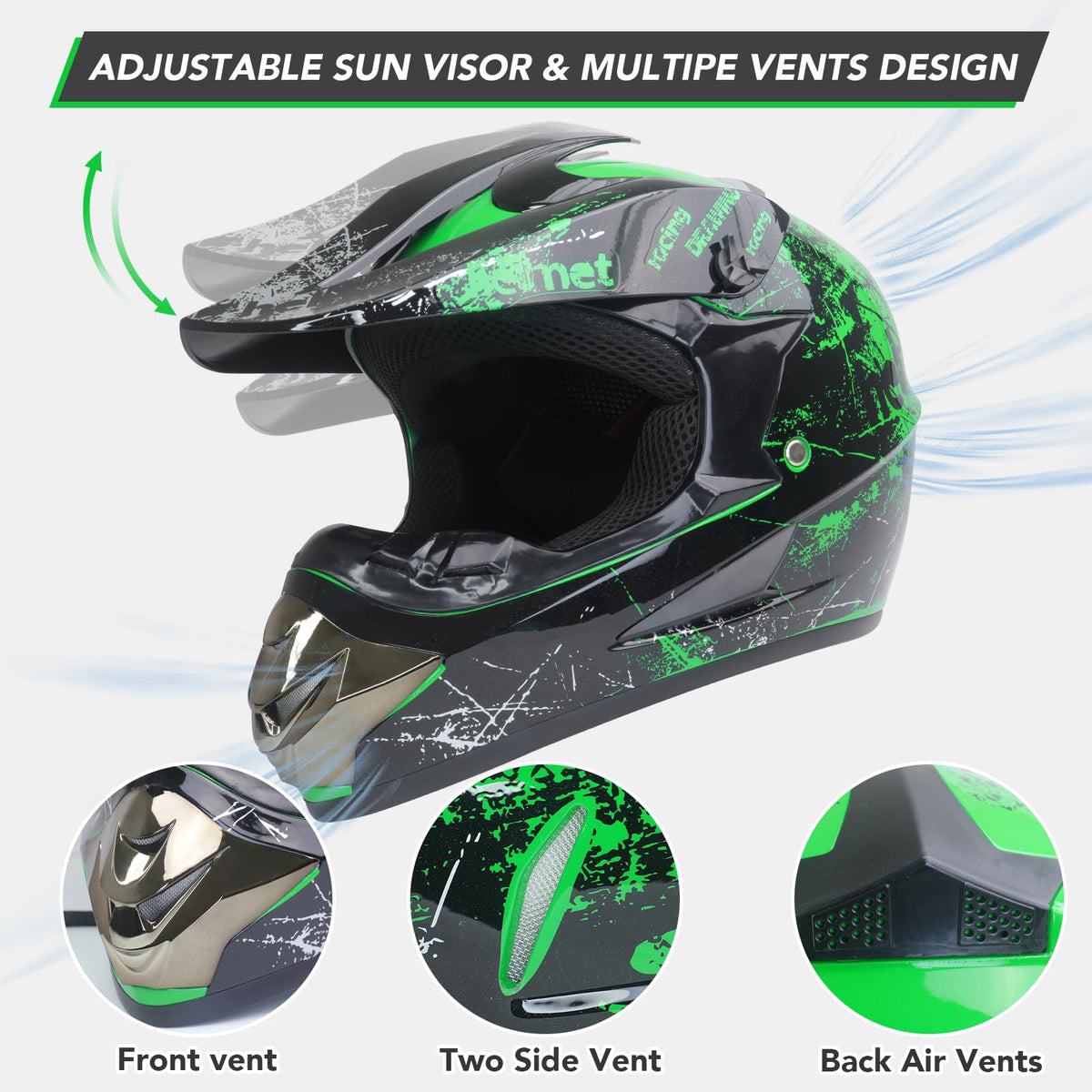 Youth Kids Full Face Dirt Bike Helmet 4Pcs Set DOT Approved Green XL F3792