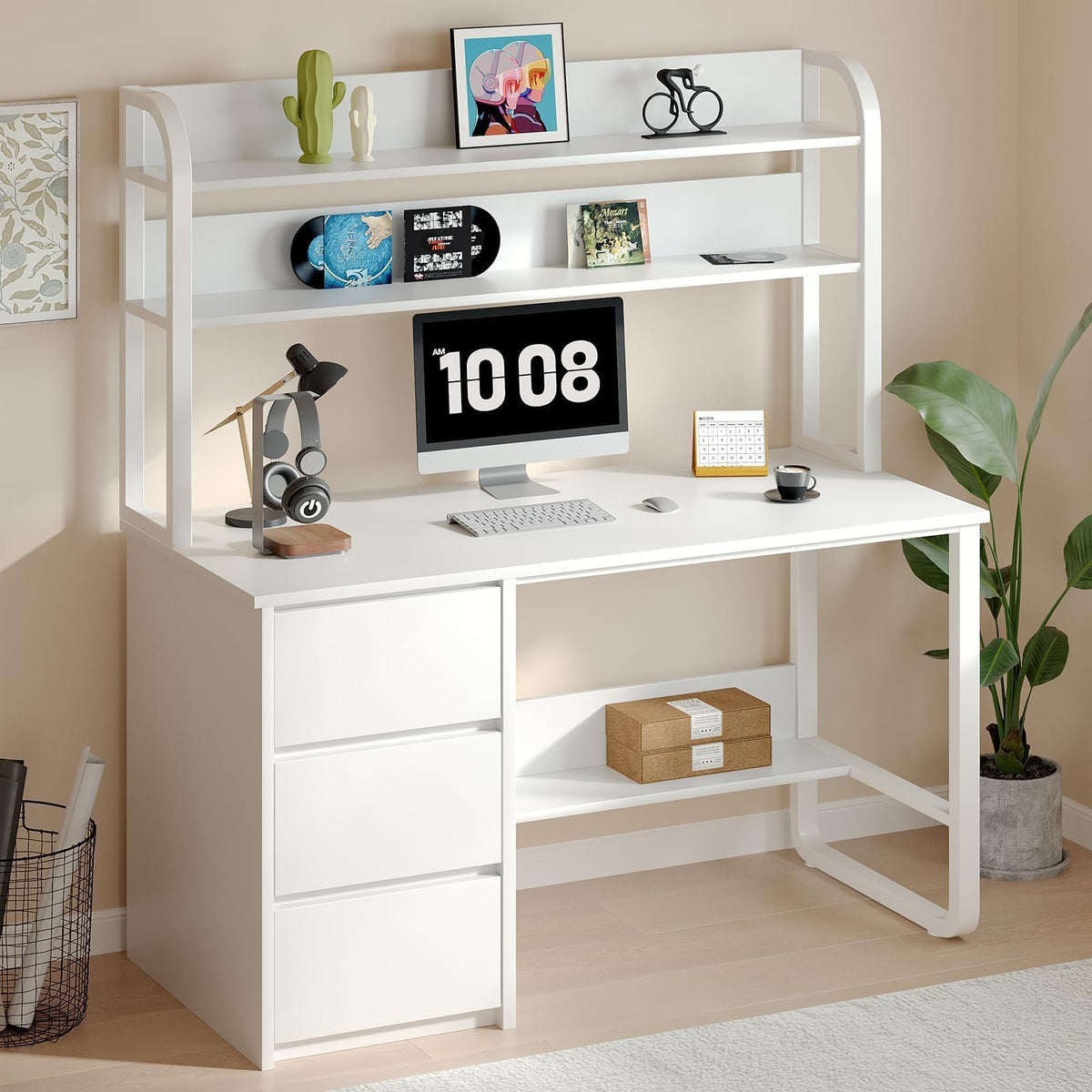 White Desk with Hutch, 47 Inch Computer Desk with 3 Drawers M95026