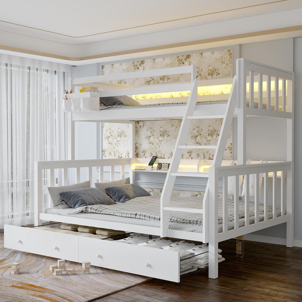 Solid Wood Bunk Bed with Charging Station and LED Lights Twin Over Full with 2 Storage Drawers E41854