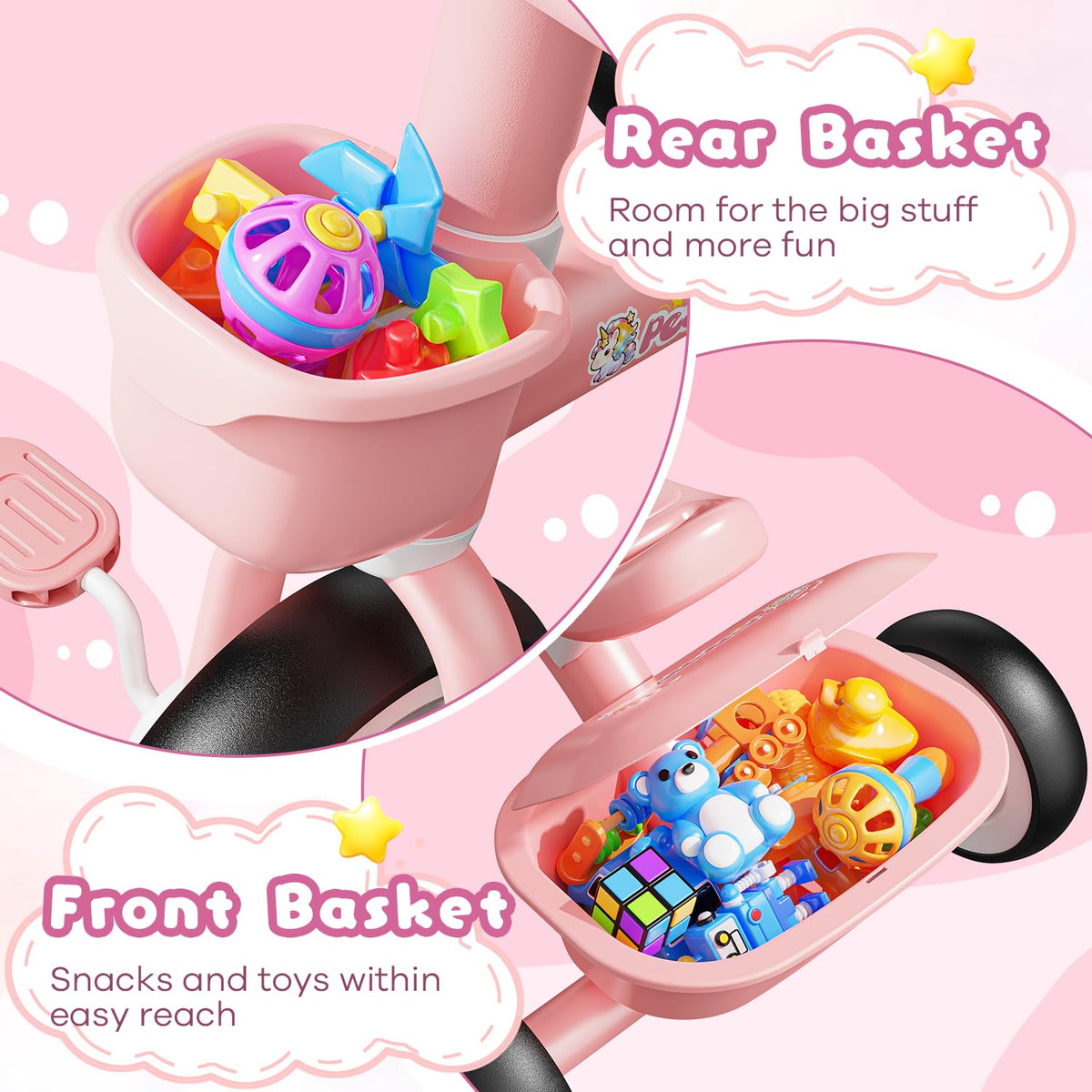 Pink Toddler Tricycle with Adjustable Seat and 2 Basket O84512
