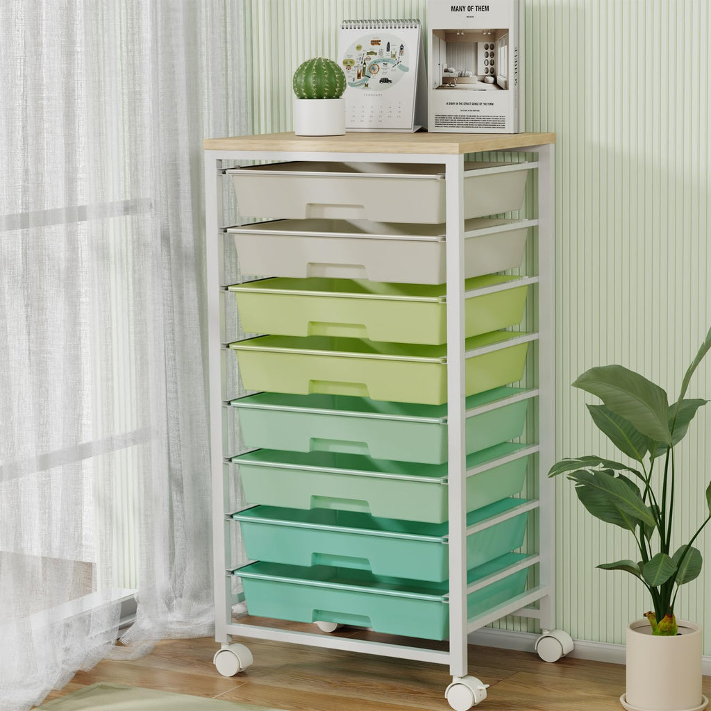 Rolling Storage Cart with 8 Drawers & Wooden Tabletop, Green, White Q4990
