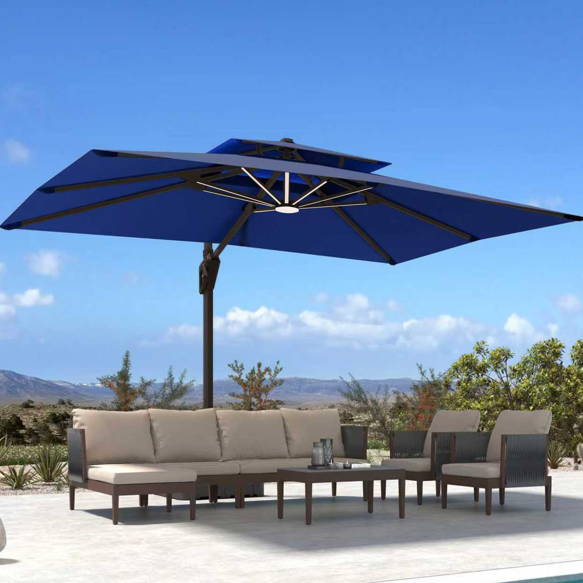 10' X 13' Patio Cantilever Umbrella with Base and LED Lights O638