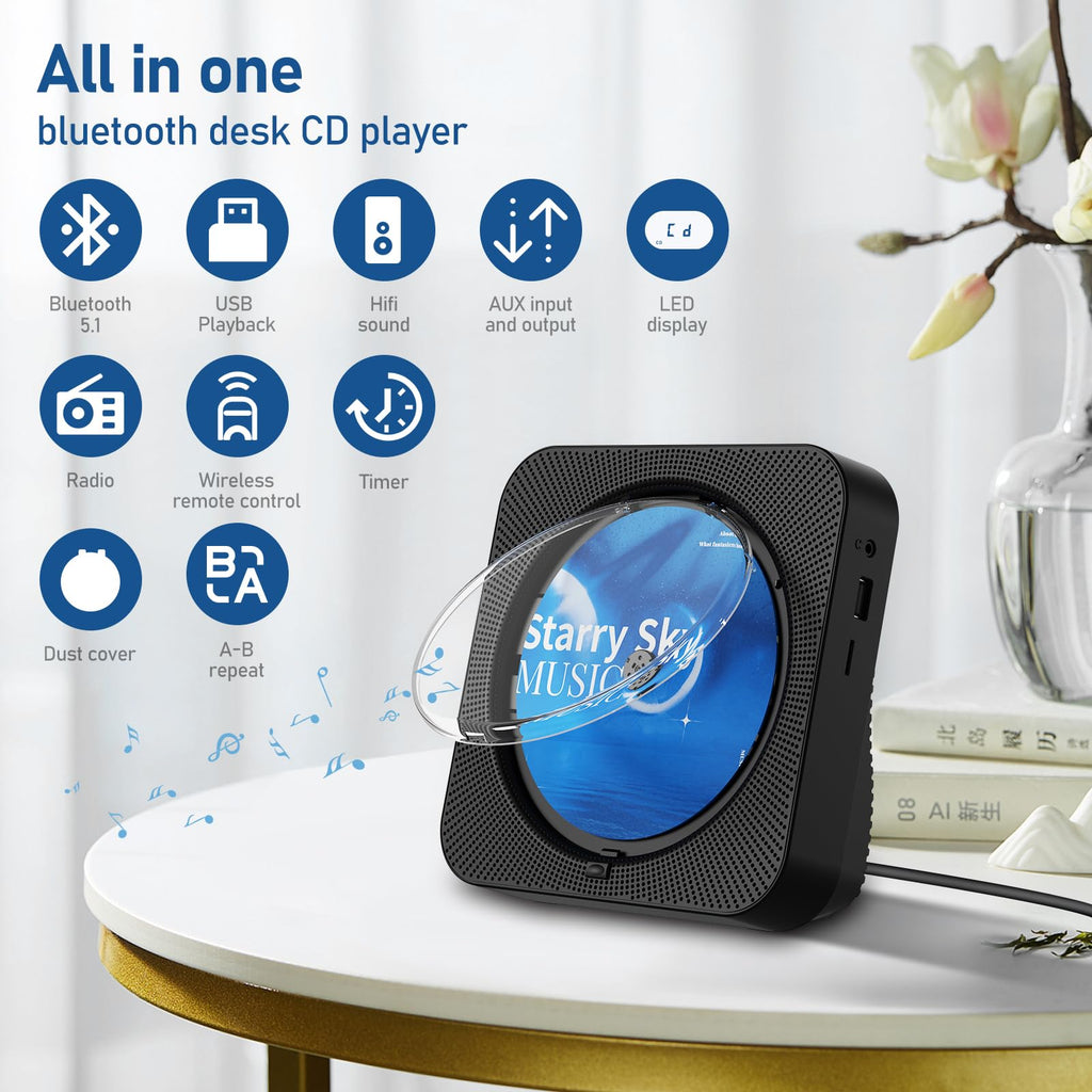 Portable Bluetooth CD Player with Speakers, Remote Control, LED Display, FM Radio, USB/AUX (Black) T96552