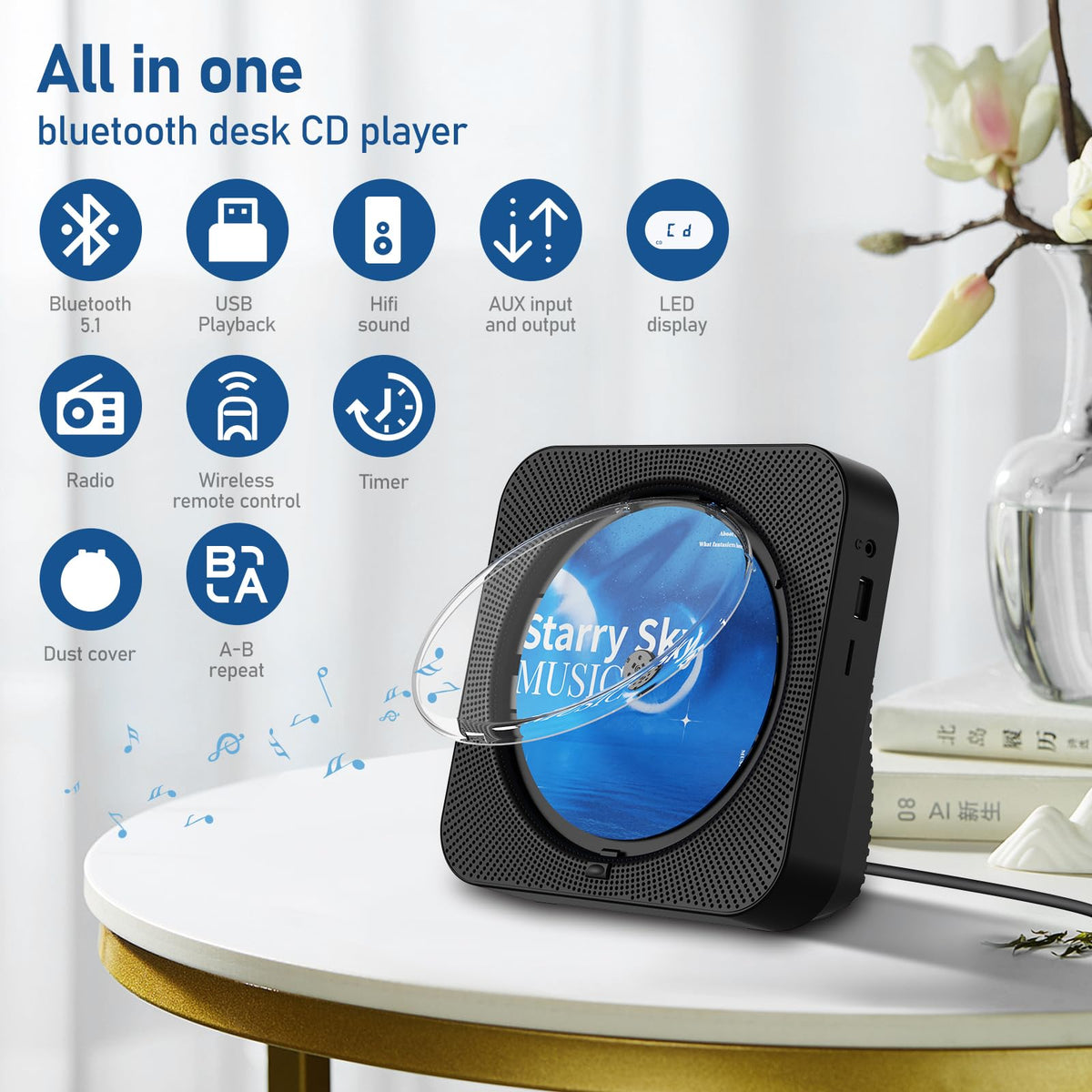 Portable Bluetooth CD Player with Speakers, Remote Control, LED Display, FM Radio, USB/AUX (Black) T96552