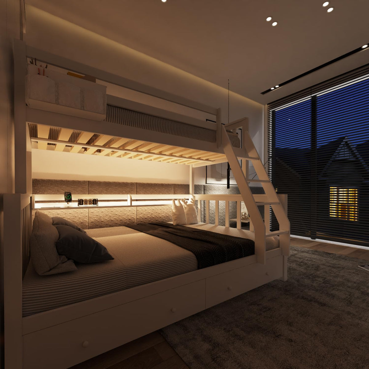 Solid Wood Bunk Bed with Charging Station and LED Lights Twin Over Full with 2 Storage Drawers E41854