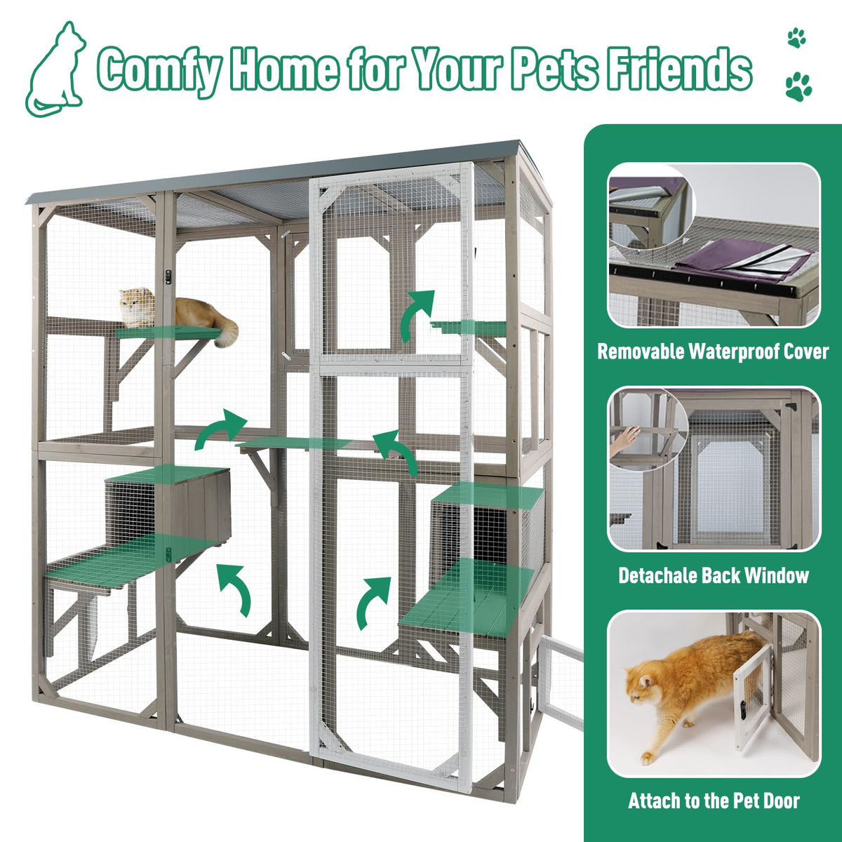 Large Wooden Outdoor Cat Catio Enclosure with 2 Doors, 2 Resting Rooms, 5 Platforms J8282