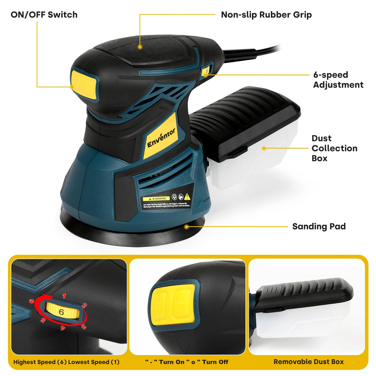 Orbital Sander with 6 Speeds, Dust Collection, 5 in, 3A Corded X31343