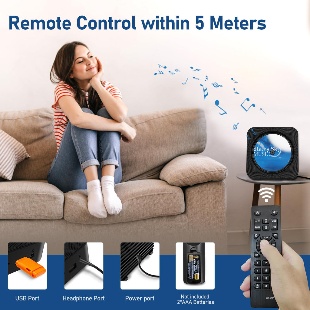Portable Bluetooth CD Player with Speakers, Remote Control, LED Display, FM Radio, USB/AUX (Black) T96552