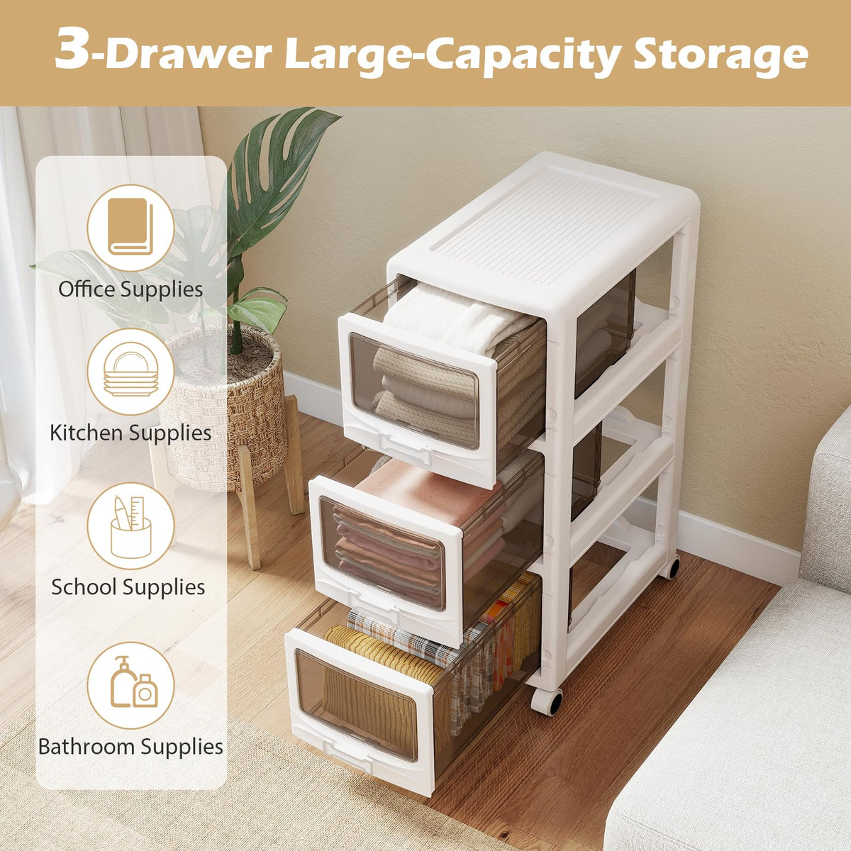 3 Tier Rolling Storage Cart with Drawers Y173864