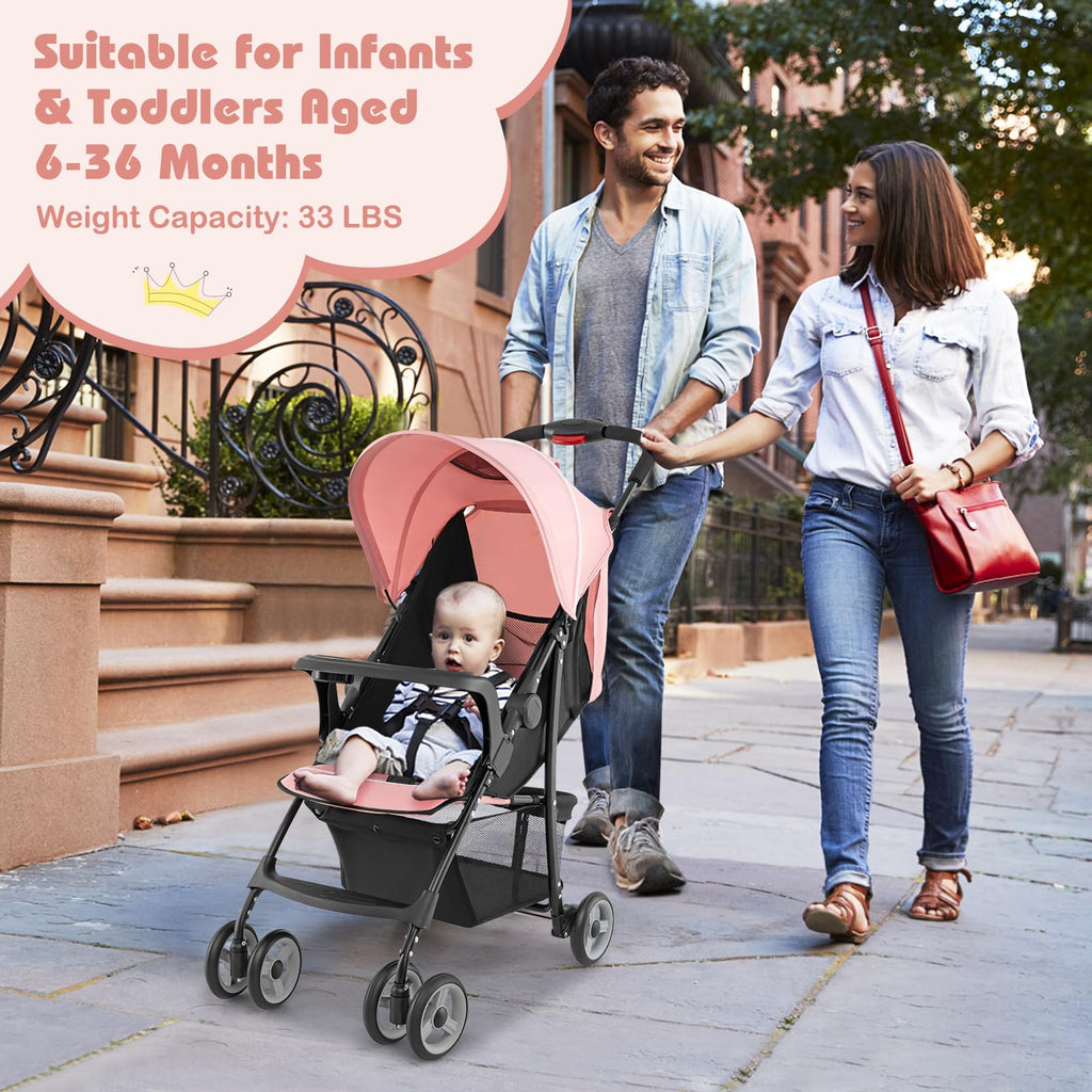 Lightweight Compact Fold Stroller with Canopy & Storage Basket, Pink W45946
