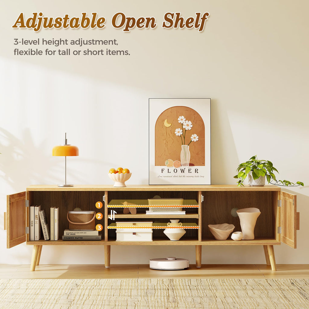 65 Inch Rattan TV Stand with Adjustable Shelf and 2 Cabinets P769