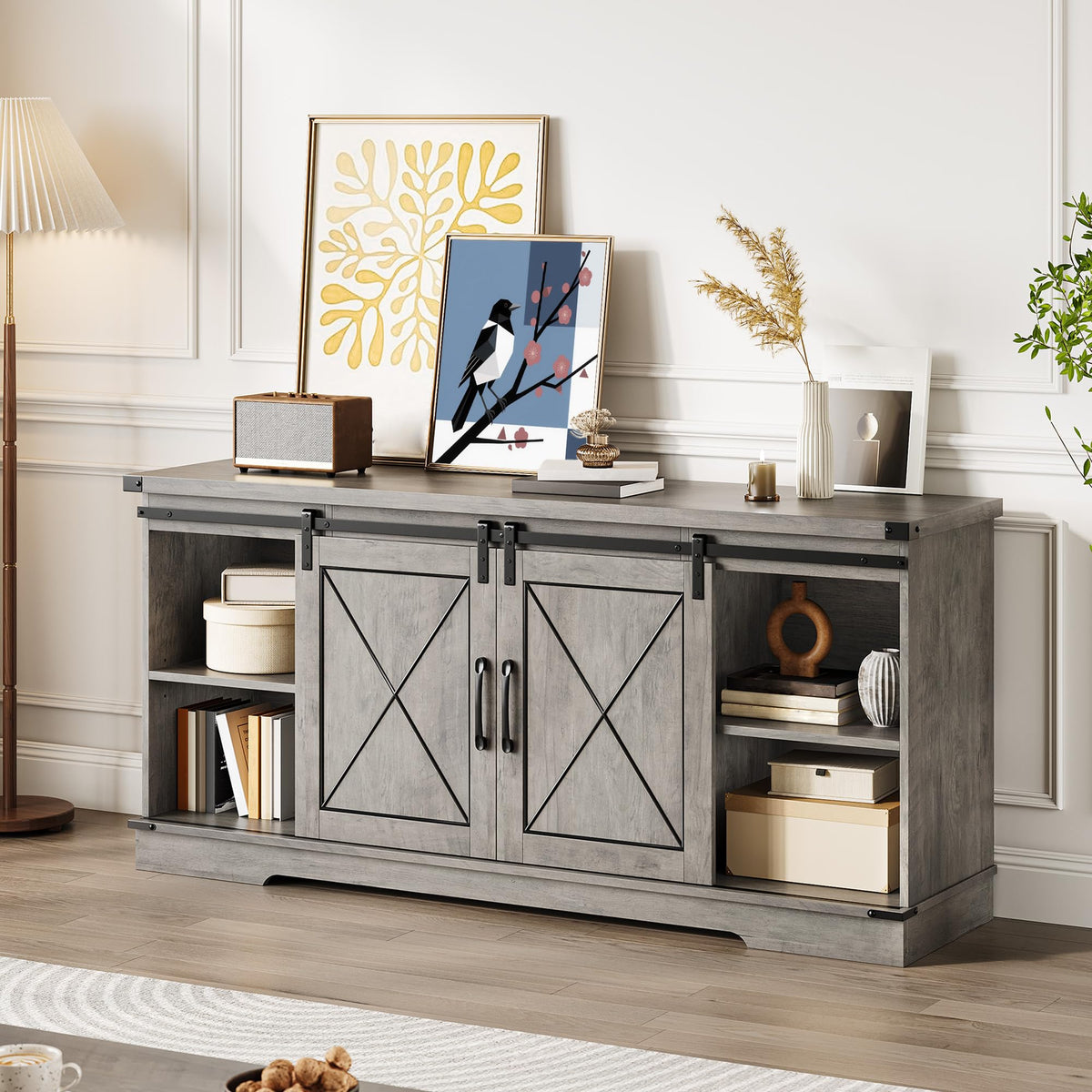 Farmhouse TV Stand with Sliding Barn Doors and Storage Cabinets X17300