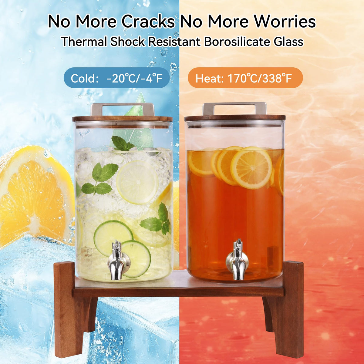 2 Pack 1 Gallon Glass Drink Dispensers with Acacia Wood Stand K797187