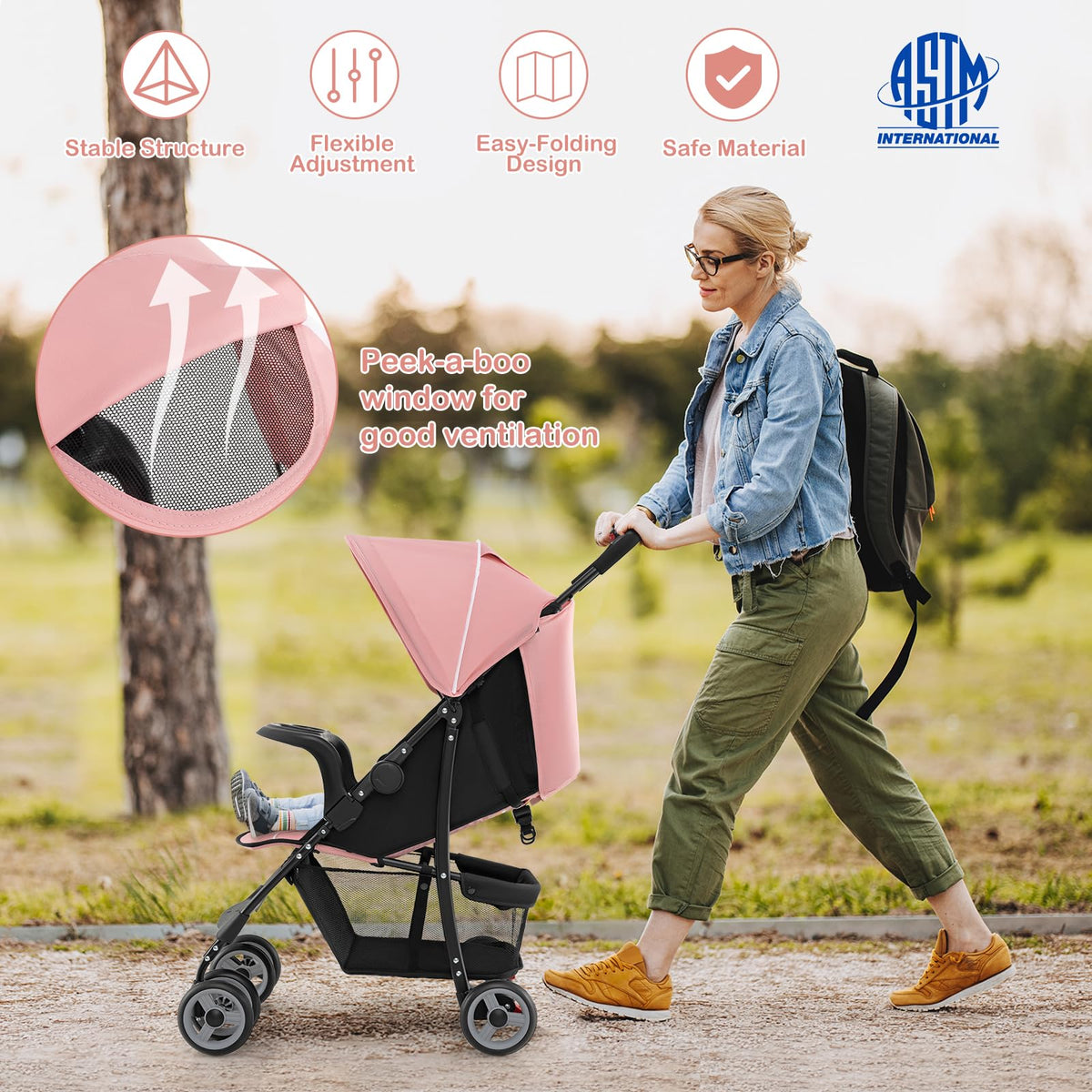 Lightweight Compact Fold Stroller with Canopy & Storage Basket, Pink W45946
